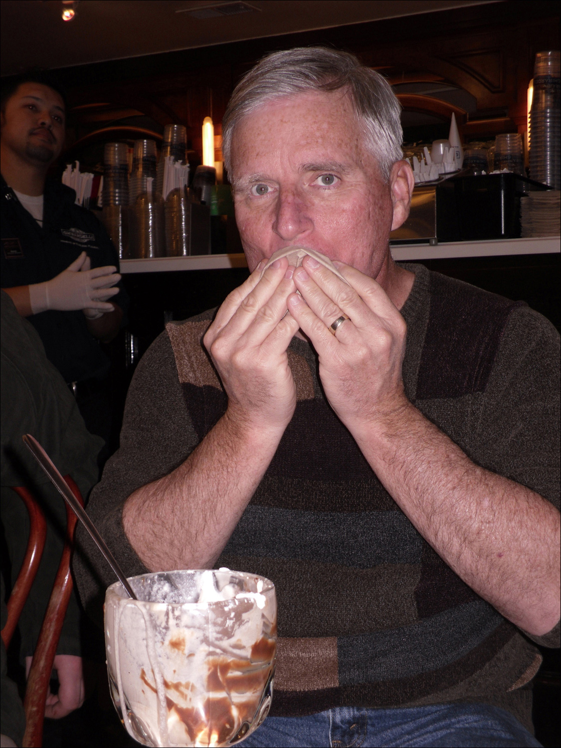 Bob finishing his part of a chocolate sundae