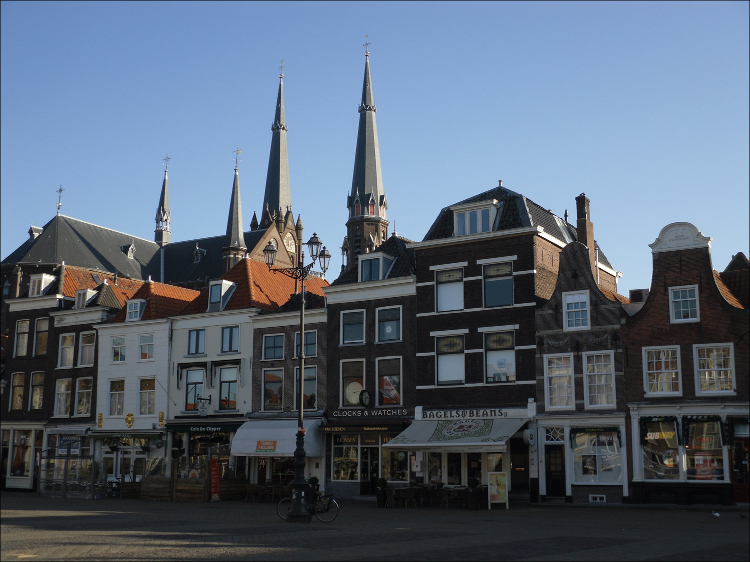 View of buildings along the city square in Delft